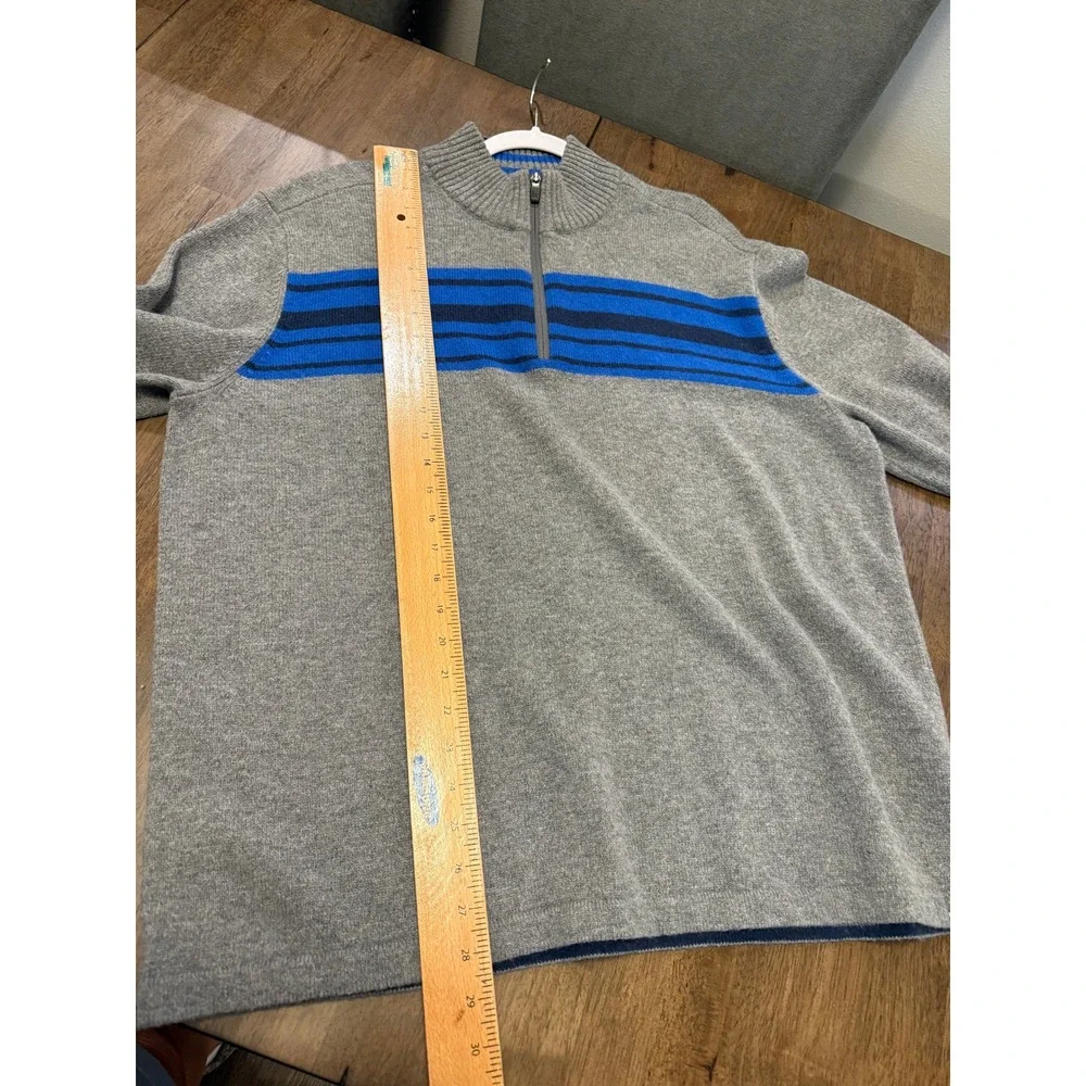 Eddie Bauer Mens Quarter Zip Sweater Heather Grey Blue Striped Mock Neck XL
